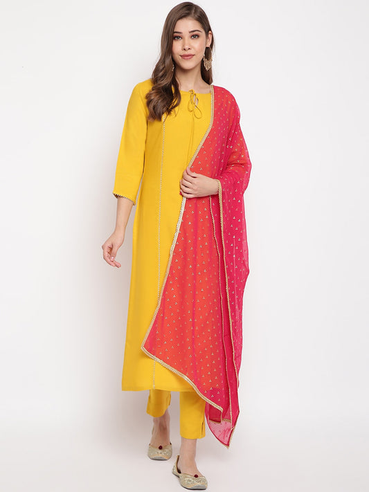 Janasya Women Mustard Yellow Solid Kurta with Trousers & Dupatta