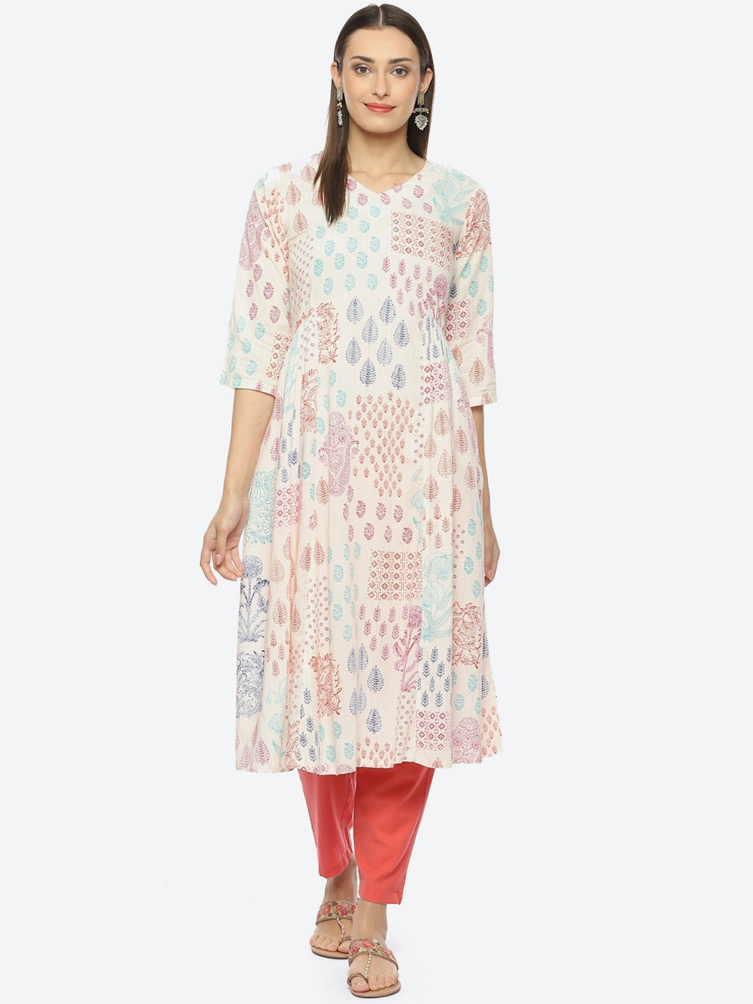 Biba Ethnic Motifs Printed V-Neck A-Line Kurta - Grab2buy