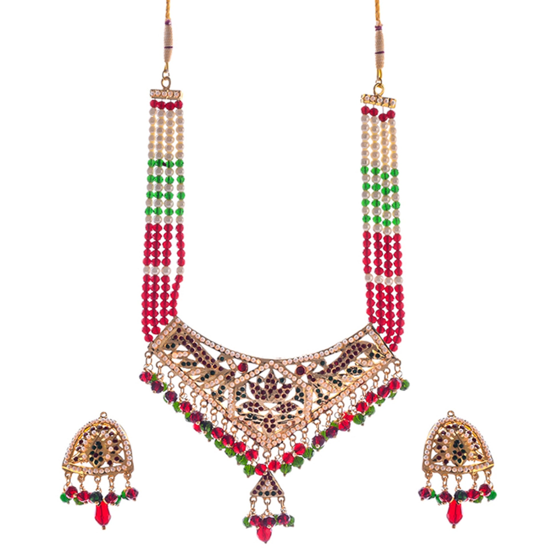 Gold-Plated Alloy Traditional Ethnic Beaded Jadau Necklace Set - The Pari - Grab2buy