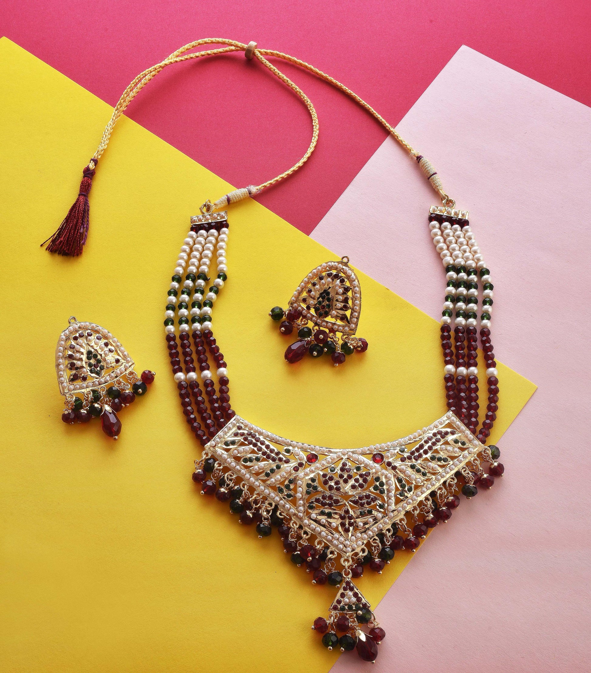 Gold-Plated Alloy Traditional Ethnic Beaded Jadau Necklace Set - The Pari - Grab2buy
