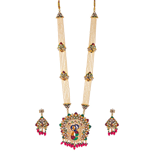 Gold-Plated Alloy Peacock Inspired Long Pearl Rani Haar Necklace With Kundan Earrings - The Pari - Grab2buy