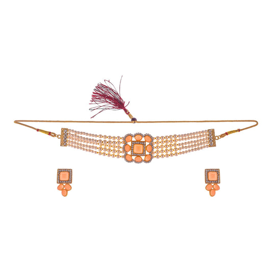 Gold-Polished Alloy Neon Square Motif Pearl Choker Necklace Set - The Pari | Swadesiicart