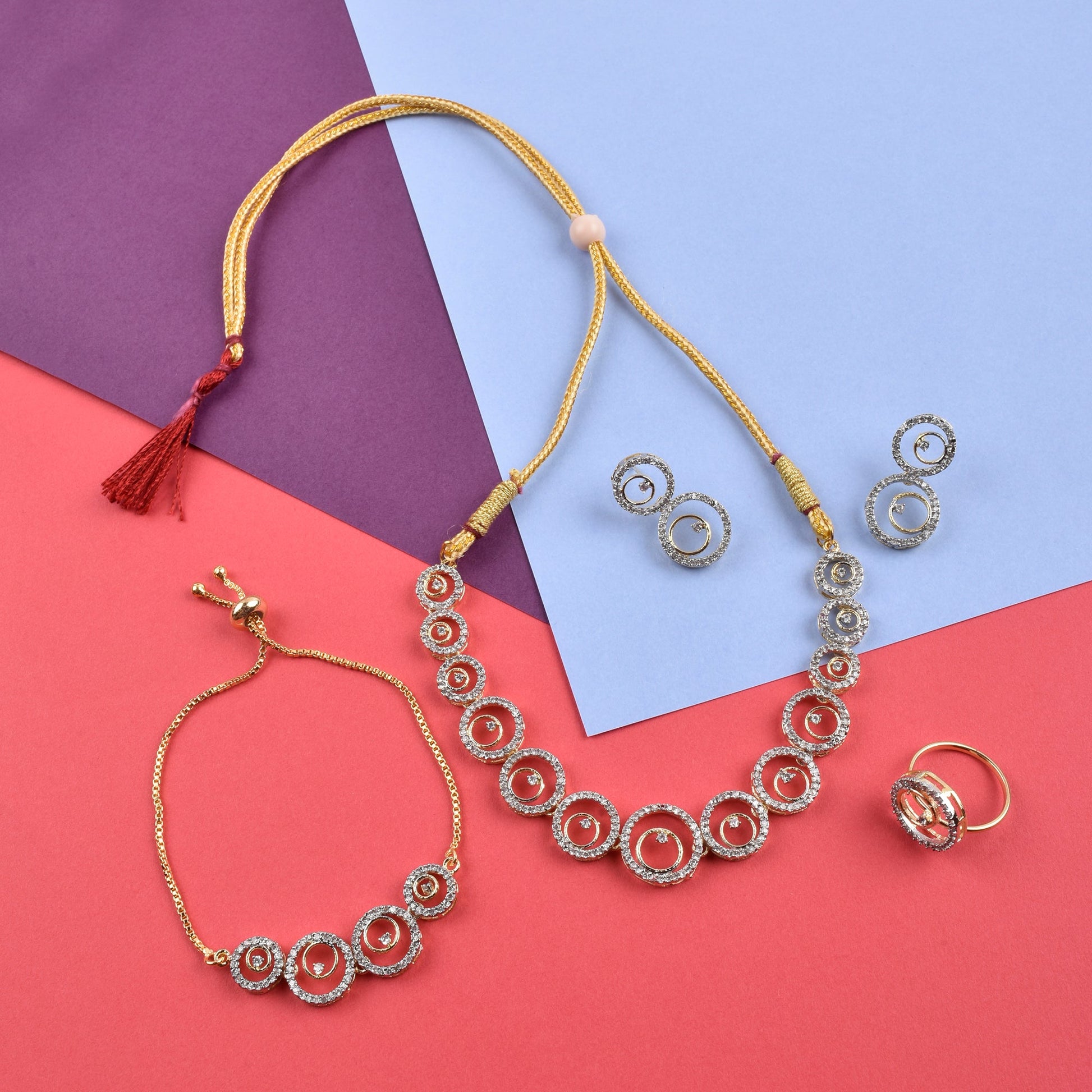 Rhodium-Plated Alloy American Diamond Circle Style Necklace With Earring Ring And Bracelet Set - The Pari - Grab2buy