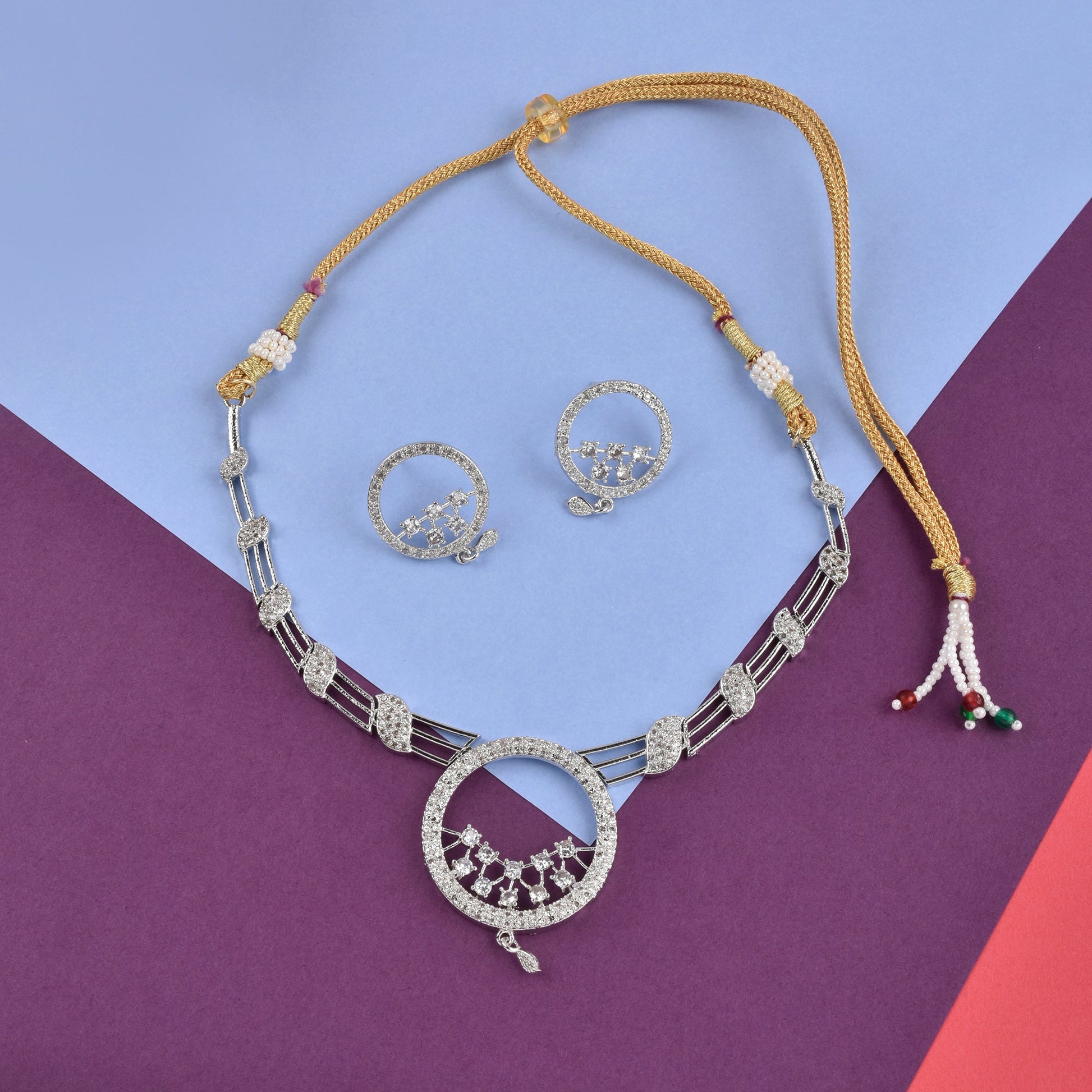 Rhodium-Plated Alloy Round Motif Ad Necklace Set - The Pari - Grab2buy