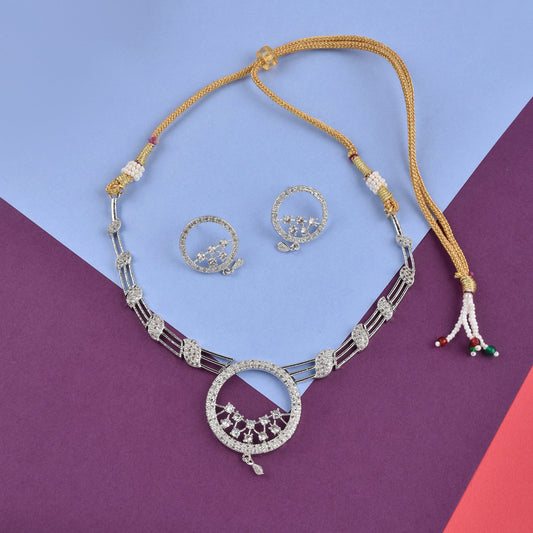 Rhodium-Plated Alloy Round Motif Ad Necklace Set - The Pari - Grab2buy