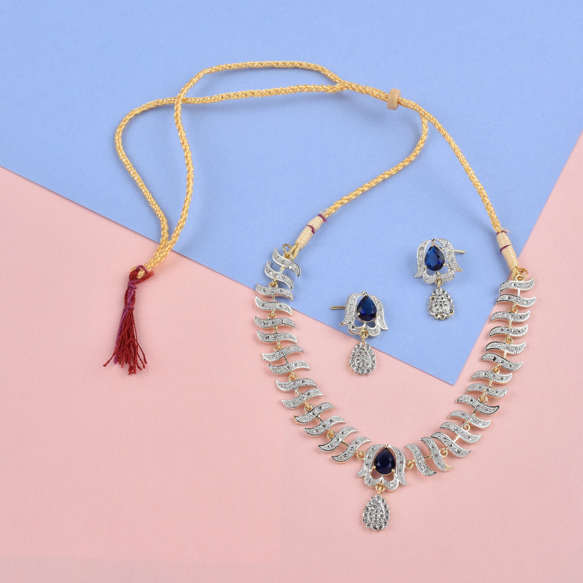 Rhodium-Plated Alloy Nagin Inspired Blue Stone Ad Necklace Set - The Pari - Grab2buy