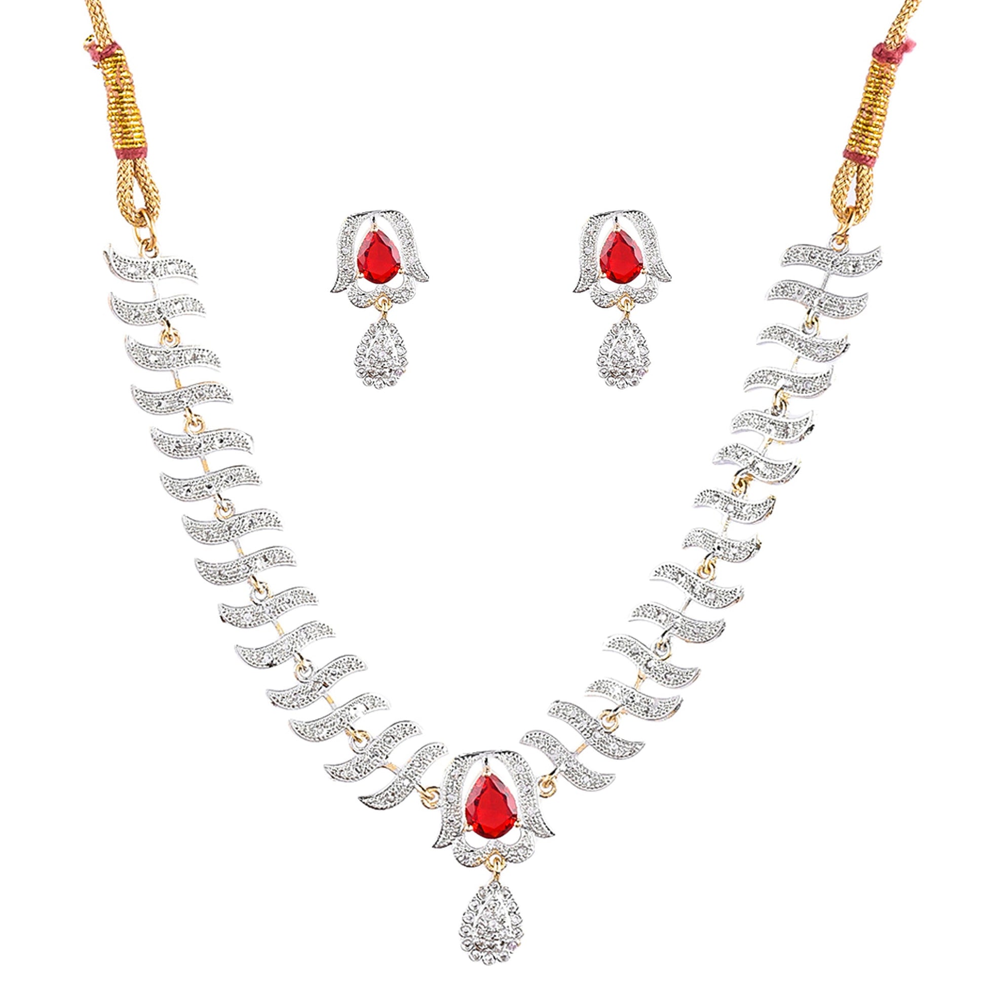 Rhodium-Plated Alloy Nagin Inspired Ruby Stone Ad Necklace Set - The Pari - Grab2buy