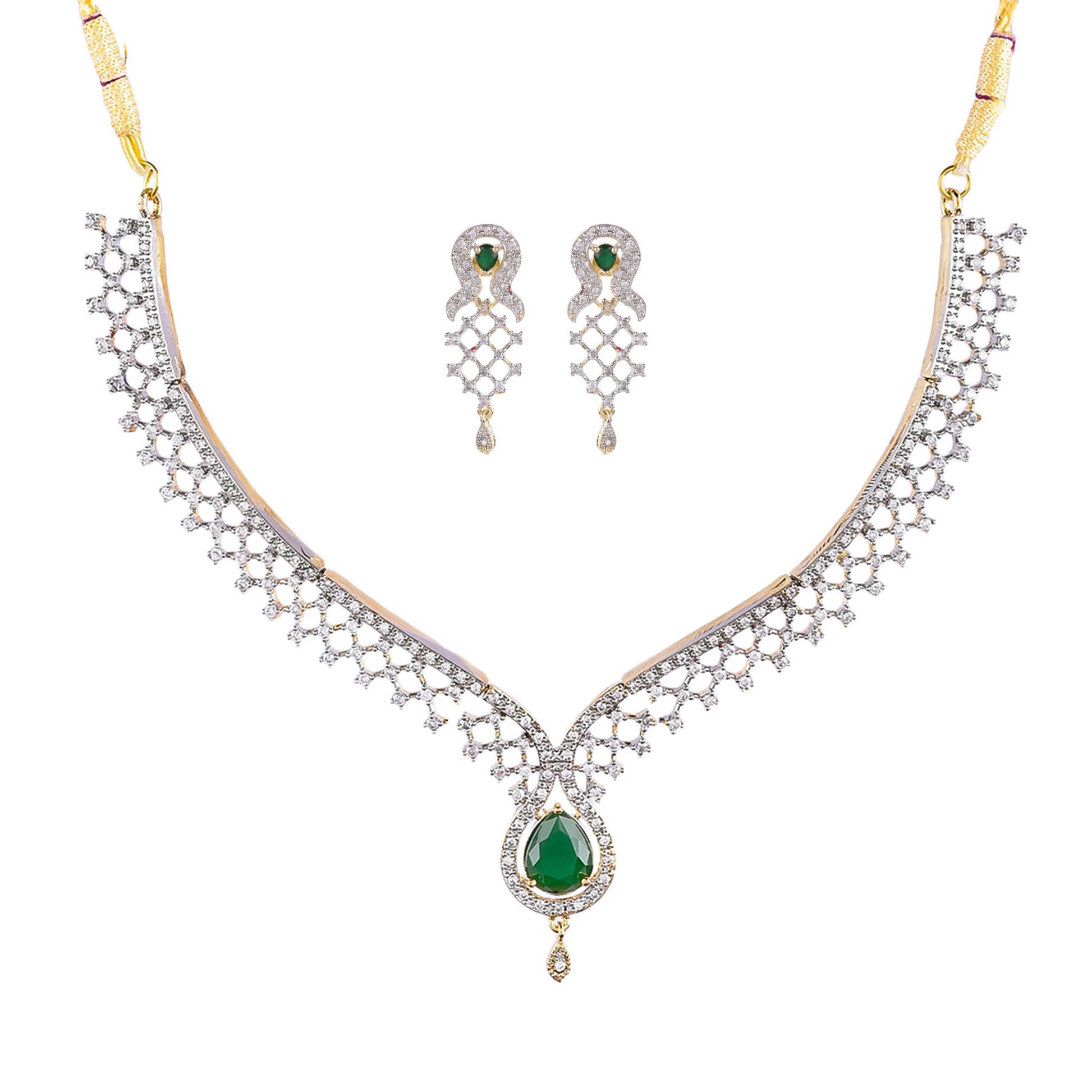 Rhodium-Plated Alloy Green Classy Ad Necklace Set - The Pari - Grab2buy