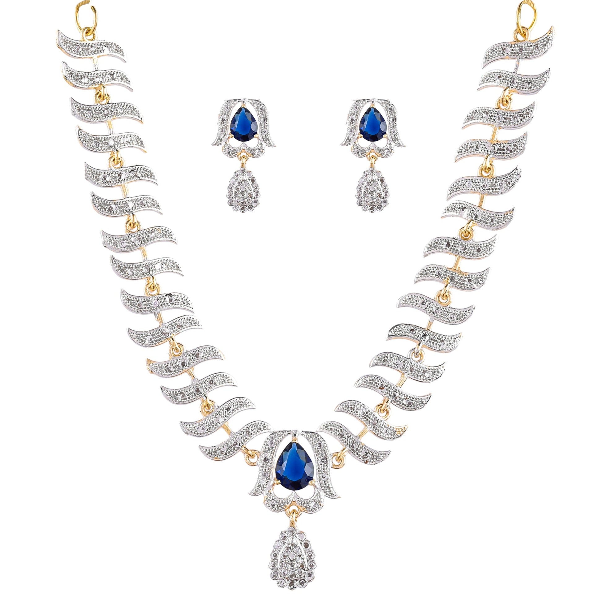 Rhodium-Plated Alloy Nagin Inspired Blue Stone Ad Necklace Set - The Pari - Grab2buy