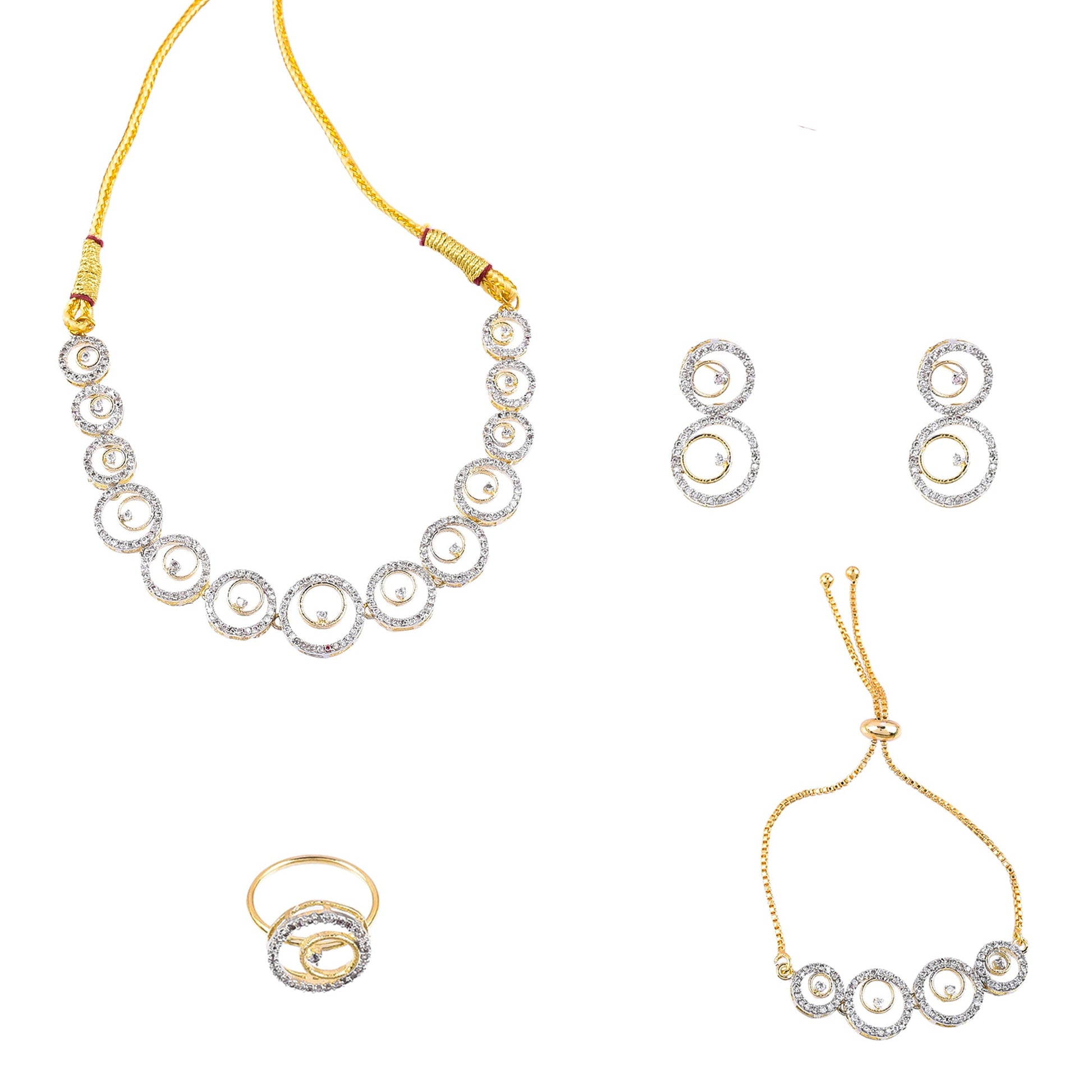 Rhodium-Plated Alloy American Diamond Circle Style Necklace With Earring Ring And Bracelet Set - The Pari - Grab2buy