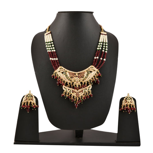 Gold-Plated Alloy Jadau Worktraditional Ethnic Beaded Necklace Set - The Pari - Grab2buy