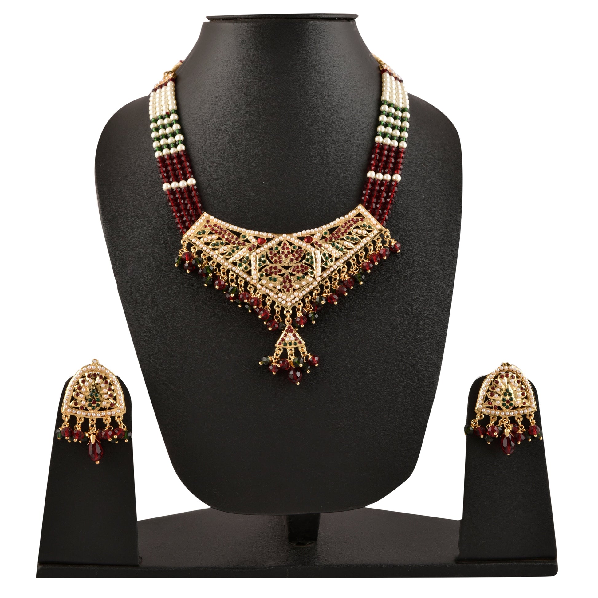 Gold-Plated Alloy Traditional Ethnic Beaded Jadau Necklace Set - The Pari - Grab2buy