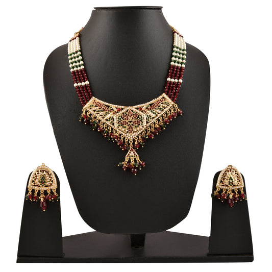Gold-Plated Alloy Traditional Ethnic Beaded Jadau Necklace Set - The Pari - Grab2buy