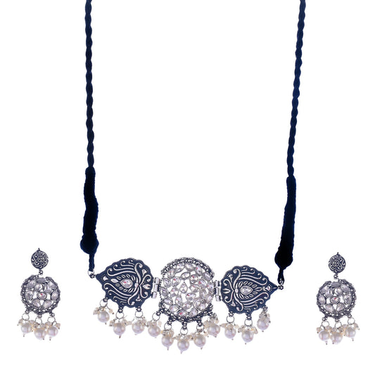 Silver-Plated Alloy Rhinestones Studded Tribal Oxidised Choker Necklace - The Pari | Swadesiicart