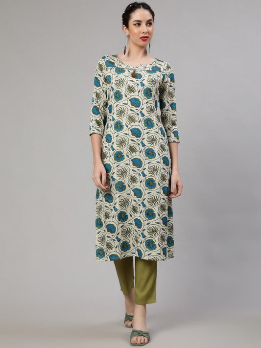 Aks Round Neck Floral Printed Regular Kurta with Trousers