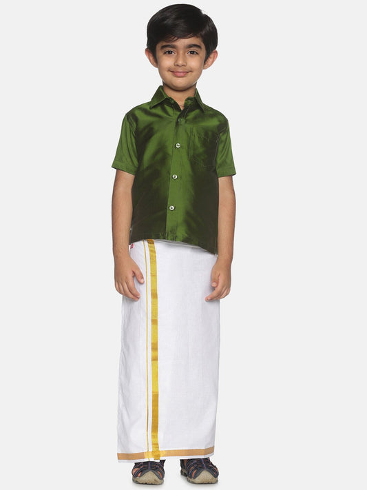 Sethukrishna Boys Olive Green & White Shirt And Veshti Set