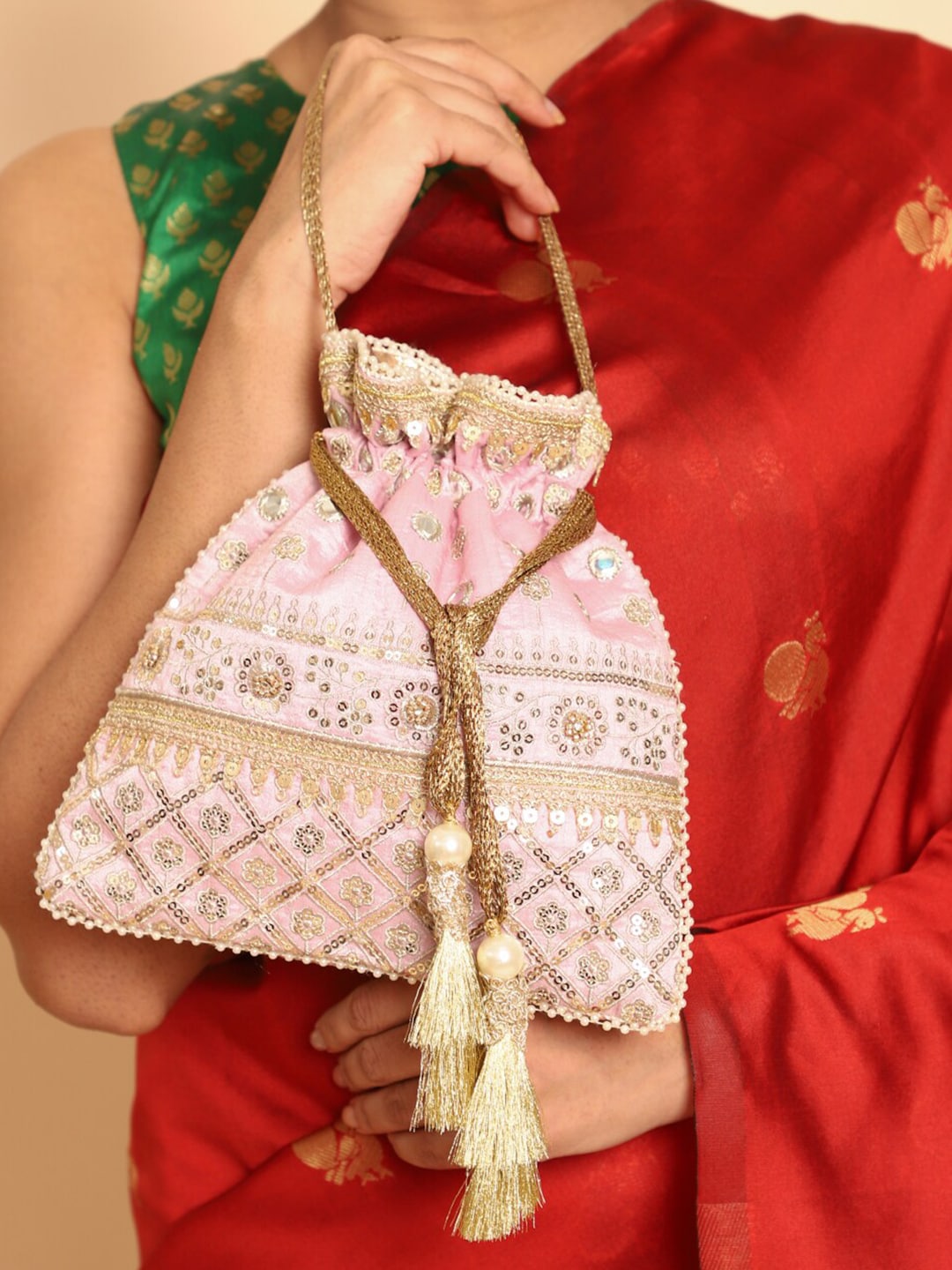 Masq Pink & Gold-Toned Embellished Potli Clutch - Grab2buy