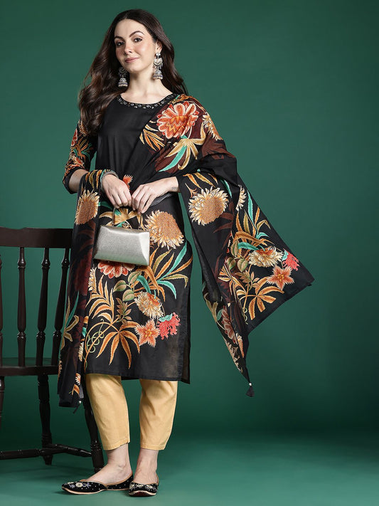 Indo Era Women Floral Printed Pure Cotton Kurta with Trousers & With Dupatta