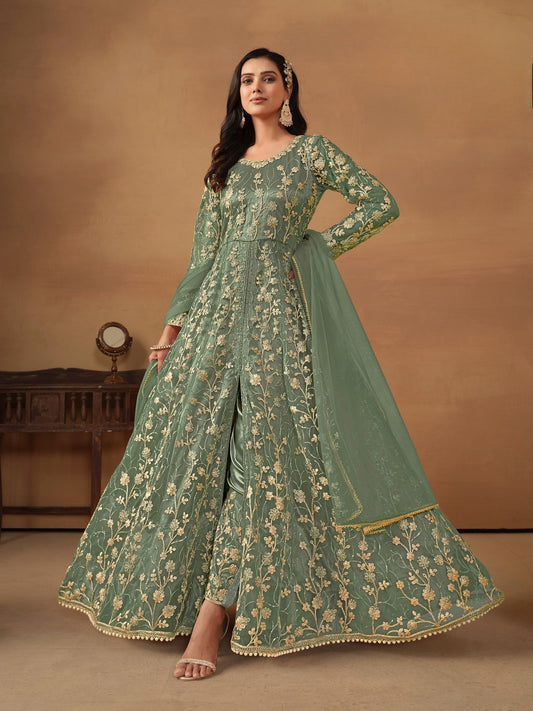 Anaita Green Embroidered Net Anarkali Suit