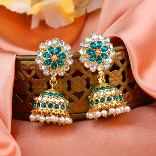 Estele Gold-Polished Traditional Flower Designer Meenakari Jhumka Earrings With Green & White Crystals for Women Estele Accessories
