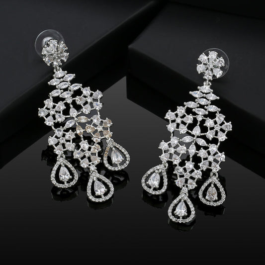 Estele Rhodium Plated CZ Snow Flakes Chandelier Long Dangler Earrings for Women | Grab2Buy