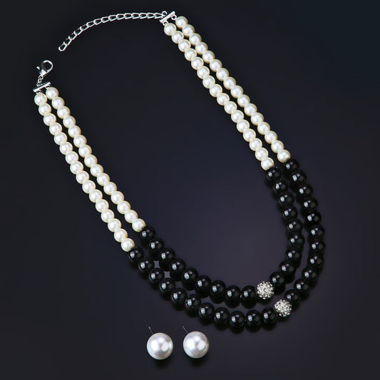 Estele Rhodium Plated Classic Double Line Pearl Necklace Set for Women Estele Accessories