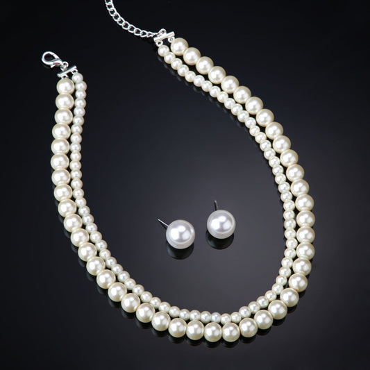 Estele Rhodium Plated Stunning Double Layered White Pearl Necklace Set for Women | Grab2Buy