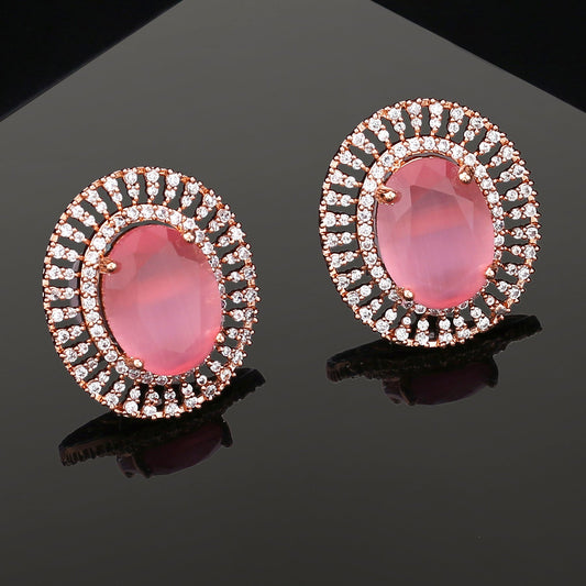 Estele Rose Gold-Polished CZ Circular Designer Stud Earrings with Mint Pink Stones for Women | Grab2Buy