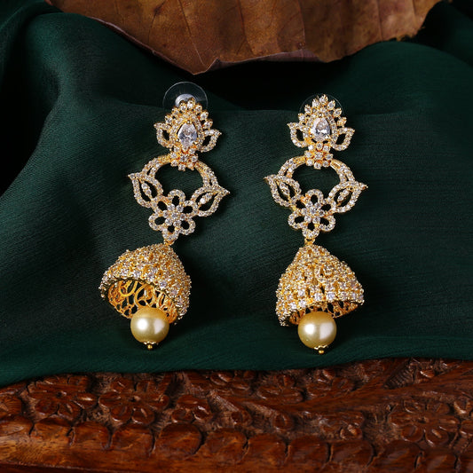 Estele Gold-Polished CZ Fascinating Jhumka Earrings with White American Diamonds for Women | Grab2Buy