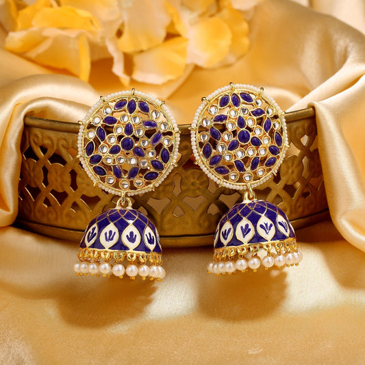 Estele Gold-Polished Blue Meenakari Traditional Kundan Jhumki Earrings with Pearls for Women | Grab2Buy