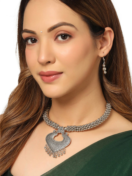 NVR Women Silver Toned Oxidised Jewellery Set - Grab2buy