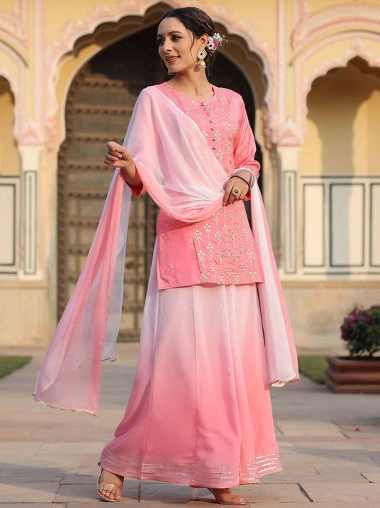 Juniper Women Pink Shantoon Embroidered Kurta, Palazzo and Dupatta Set