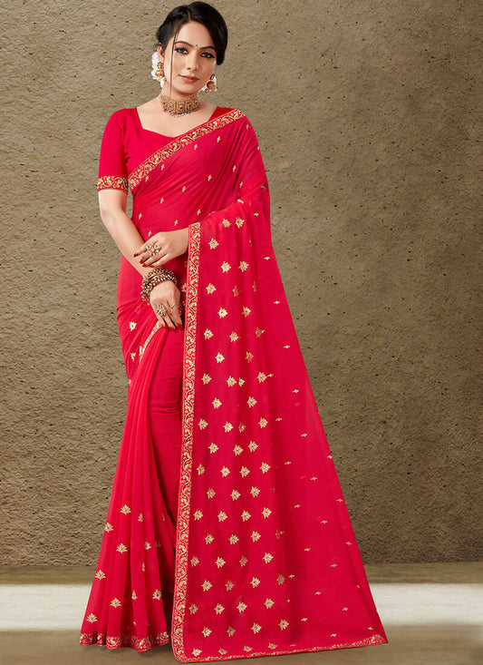 Red Georgette Embroidered Saree with Unstitched Blouse Piece - Avika