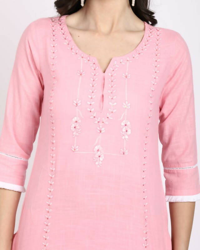 Aastha Fashion Women's Pink Cotton Embroidered Kurta with Trouser & Dupatta - Grab2buy