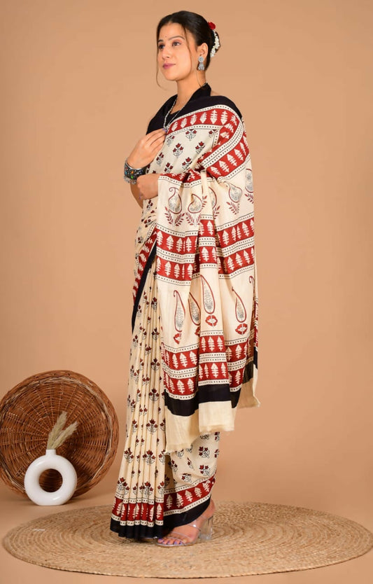 Exclusive Collection Off White Maroon Beautiful Mulmul Cotton Grab2Buy