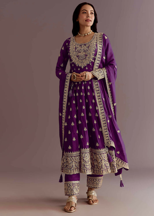 Teeya Creation Wine Color Chinon Silk Embroidery Work Wedding Wear Gown