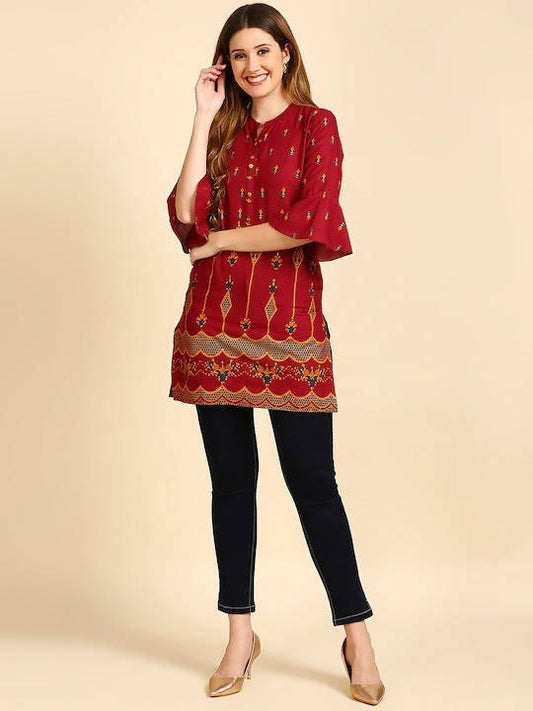 Anubhutee Maroon & Golden Printed Straight Kurti | Grab2Buy