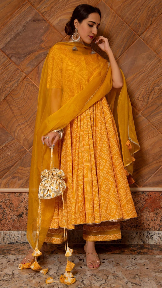 Pomcha Jaipur Bandhej Yellow Cotton Anarkali Set