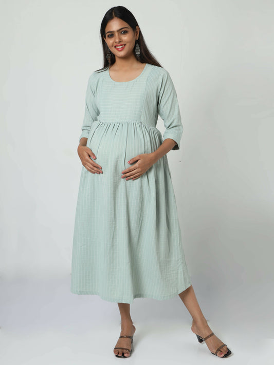 Manet Three Fourth Maternity Dress Striped With Concealed Zipper Nursing Access - Pista Green
