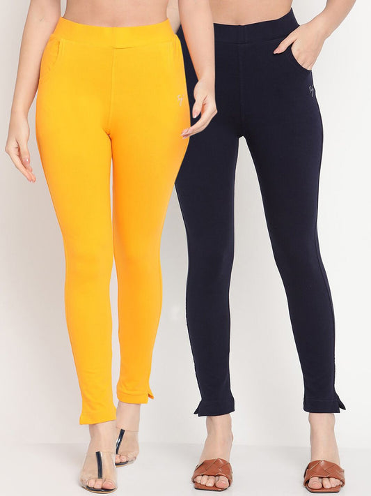 TAG 7 Set Of 2 Yellow & Navy Blue Solid Leggings
