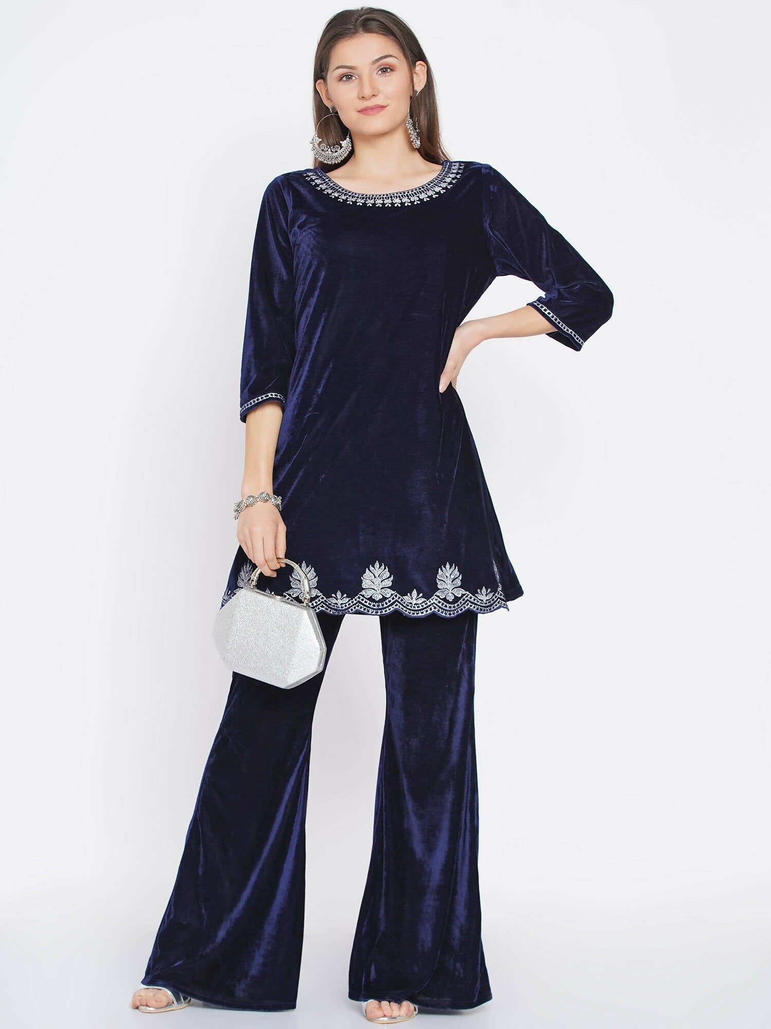Women Republic Navy Blue Velvet Embroidered Kurta With Bellbottom Pants - Grab2buy