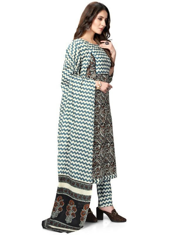 Aastha Fashion Women's Multicolor Cotton Jaipuri Printed Kurta with Trouser & Dupatta - Grab2buy