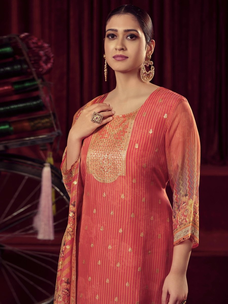 Aastha Fashion Women's Orange Organza Jacquard Woven Kurta with Trouser & Dupatta - Grab2buy
