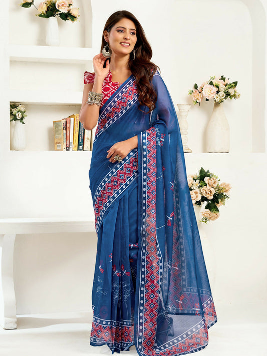 Joban Fashion Navy Blue Kalamkari & Ajrakh Linen Ready To Wear Saree With Unstitched Blouse