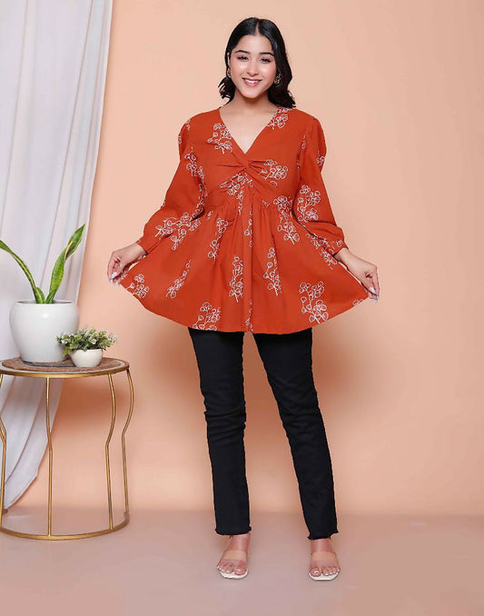 Miravan Womens Rust Floral Printed Balloon Sleeves V Neck Butterfly Top