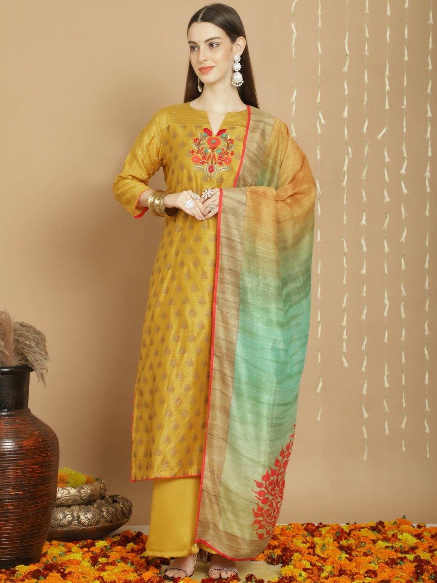 Aastha Fashion Women's Yellow Chanderi Silk Elegant Jardoshi Semi Kurta with Trouser & Dupatta - Grab2buy