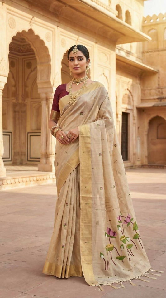Vastranavya Cream Muga Cotton Meenakari & Munia Weaving Pallu Grab2Buy with Contrast Blouse Grab2Buy Vastranavya Grab2Buy