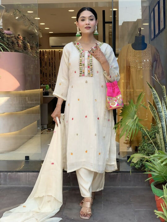 The52 Off White Women's Gorgeous Chinon Fabric Embroidered Work Straight Kurta Pant and Dupatta Set | Grab2Buy