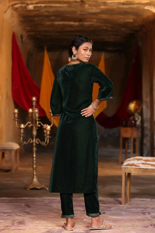 Juniper Women Jadegreen Velvet Embroidered Straight Kurta Sets - Grab2buy