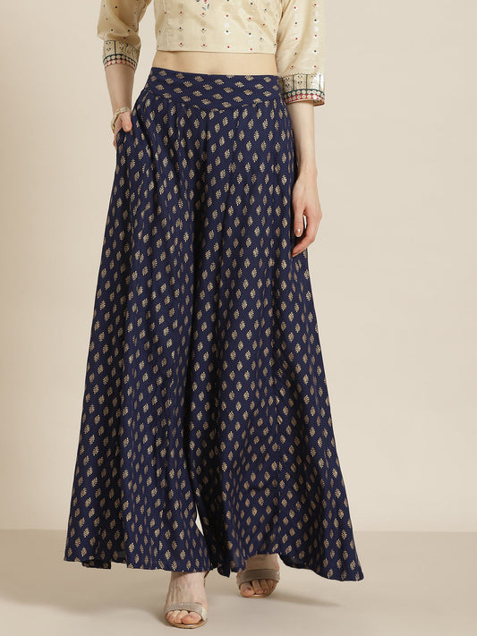 Juniper Women Navy Rayon Printed Flared Palazzo